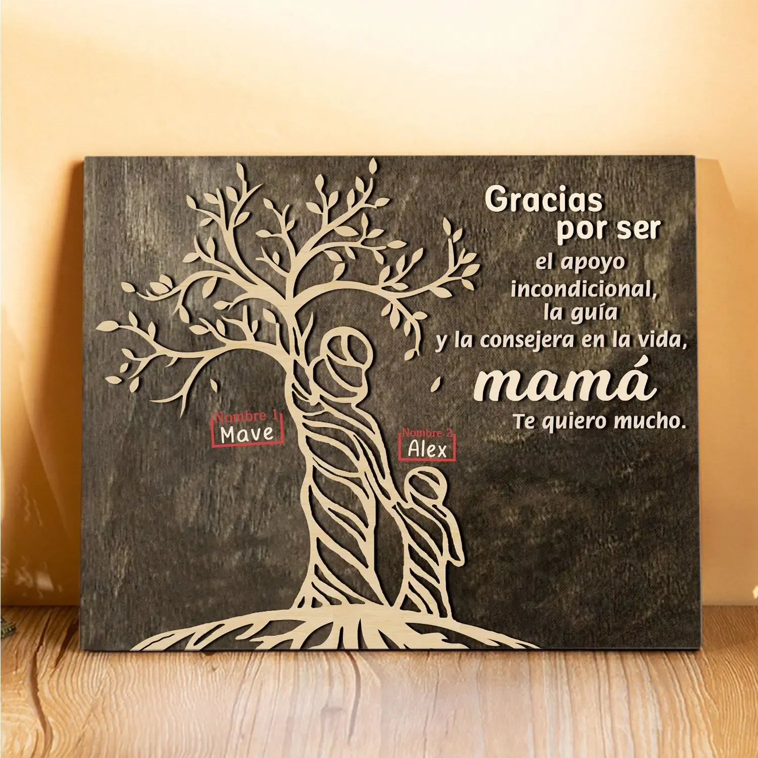 A mi mamá-Lámina mujer de árbol marco de madera personalizado con 2 nombres-Jessemade ES