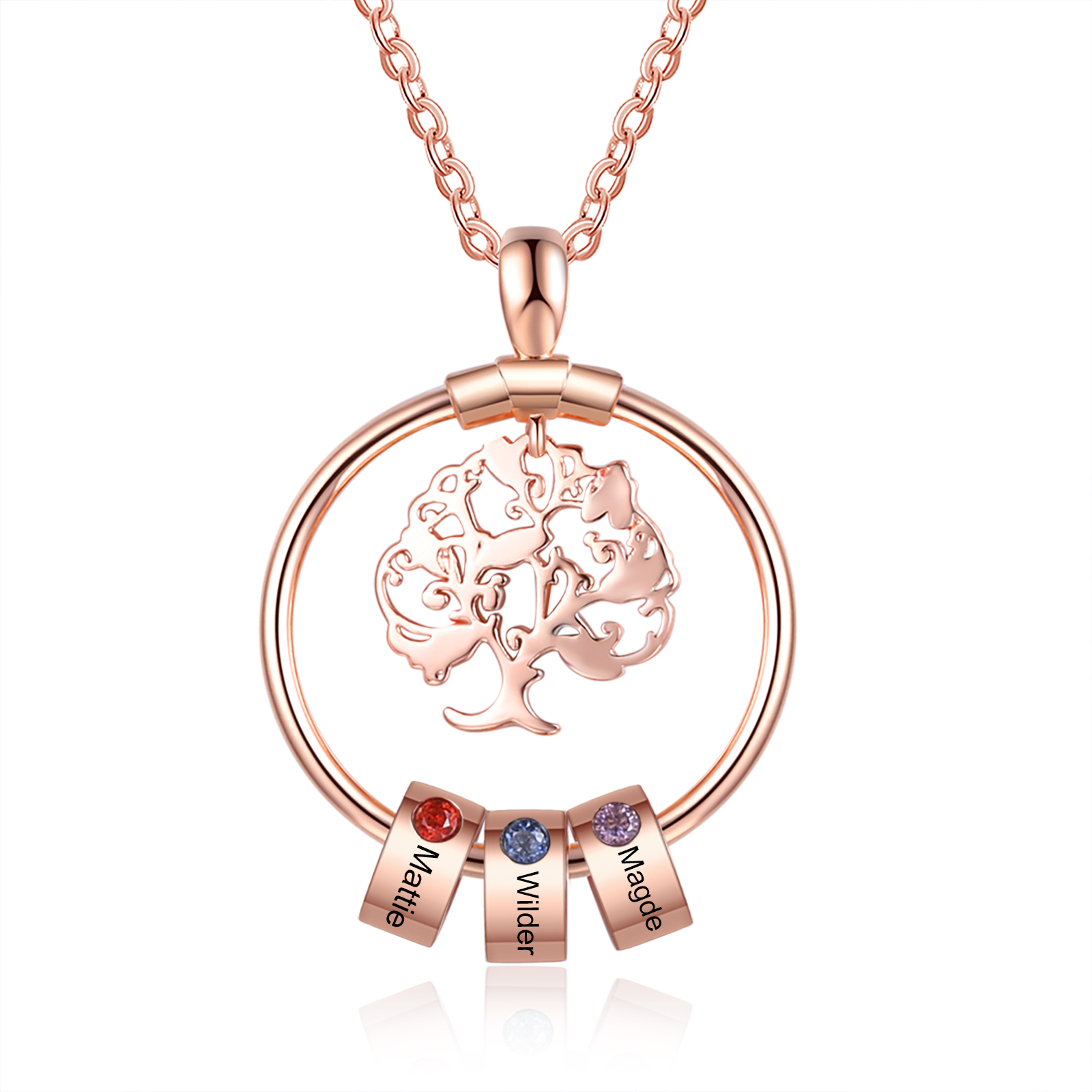 Collar con 1-5 círculos 1-5 piedras de nacimiento y nombres colgante de árbol de la vida oro rosa-Jessemade ES