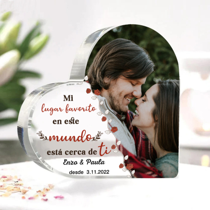 Placa de acrílico en forma de corazón con foto y 2 textos personalizados-Jessemade ES