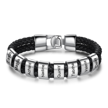 Pulsera 1-8 Nombres Personalizados de Cuero Trenzado con Aros-Jessemade ES