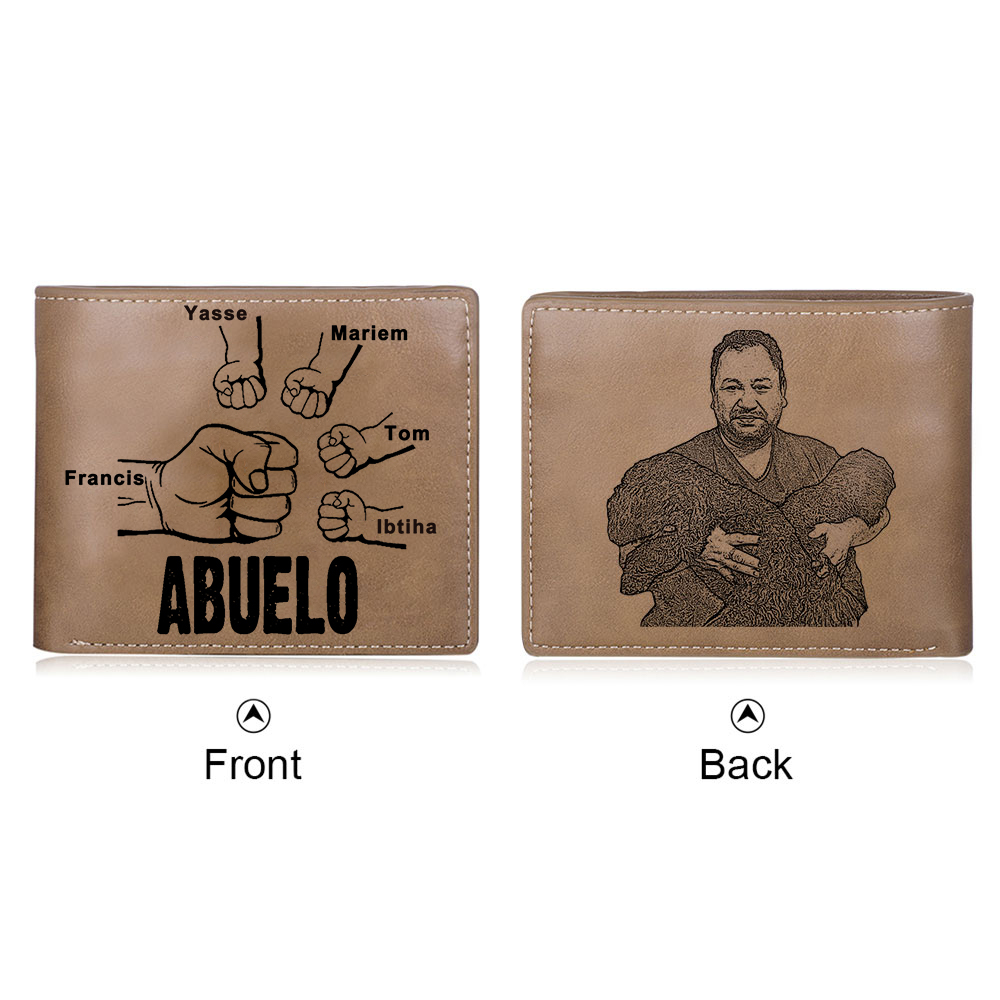 Cartera, billetera clásica puño con puño 5 nombres personalizados y una foto para abuelo-Jessemade ES