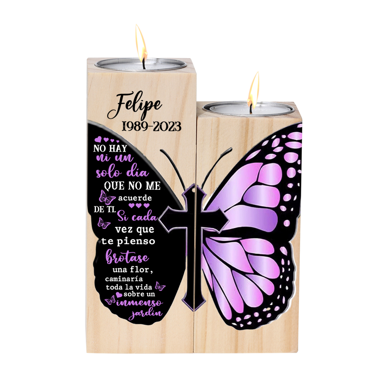 Candelero de dos piezas en memoria de ser querido de madera nombre y año personalizados sin vela-Jessemade ES