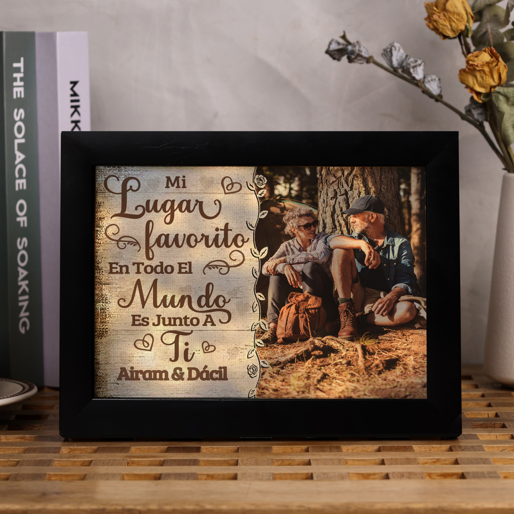 Marco de 1 foto de plástico para pareja 2 nombres personalizados con lámpara-Jessemade ES