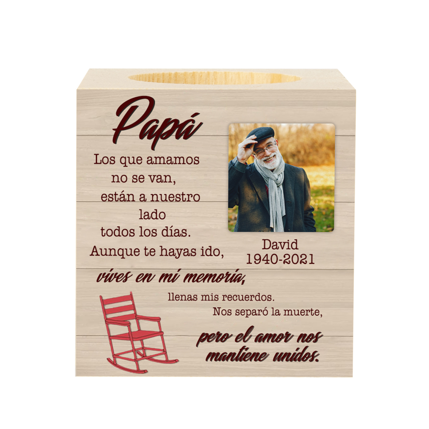 Papá-Candelero en memoria de ser querido personalizado con nombre, foto y años de madera sin vela-Jessemade ES