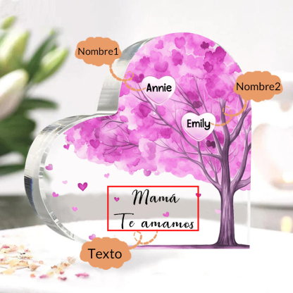A mi mamá/abuela-Placa de acrílico "Árbol" en forma de corazón 2 nombres y 1 texto personalizados-Jessemade ES