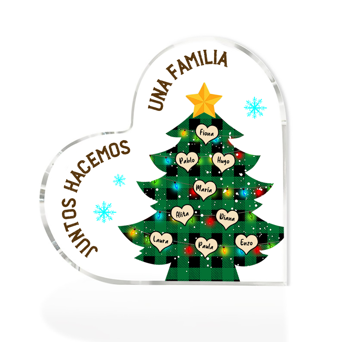 Navidad - Placa de acrílico en forma de corazón árbol con luces con 9 nombres personalizados-Jessemade ES