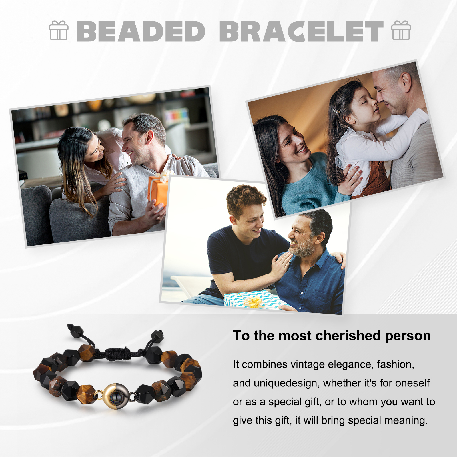 Pulsera de perlas rómbicas con proyección de foto en color para hombre-Jessemade ES