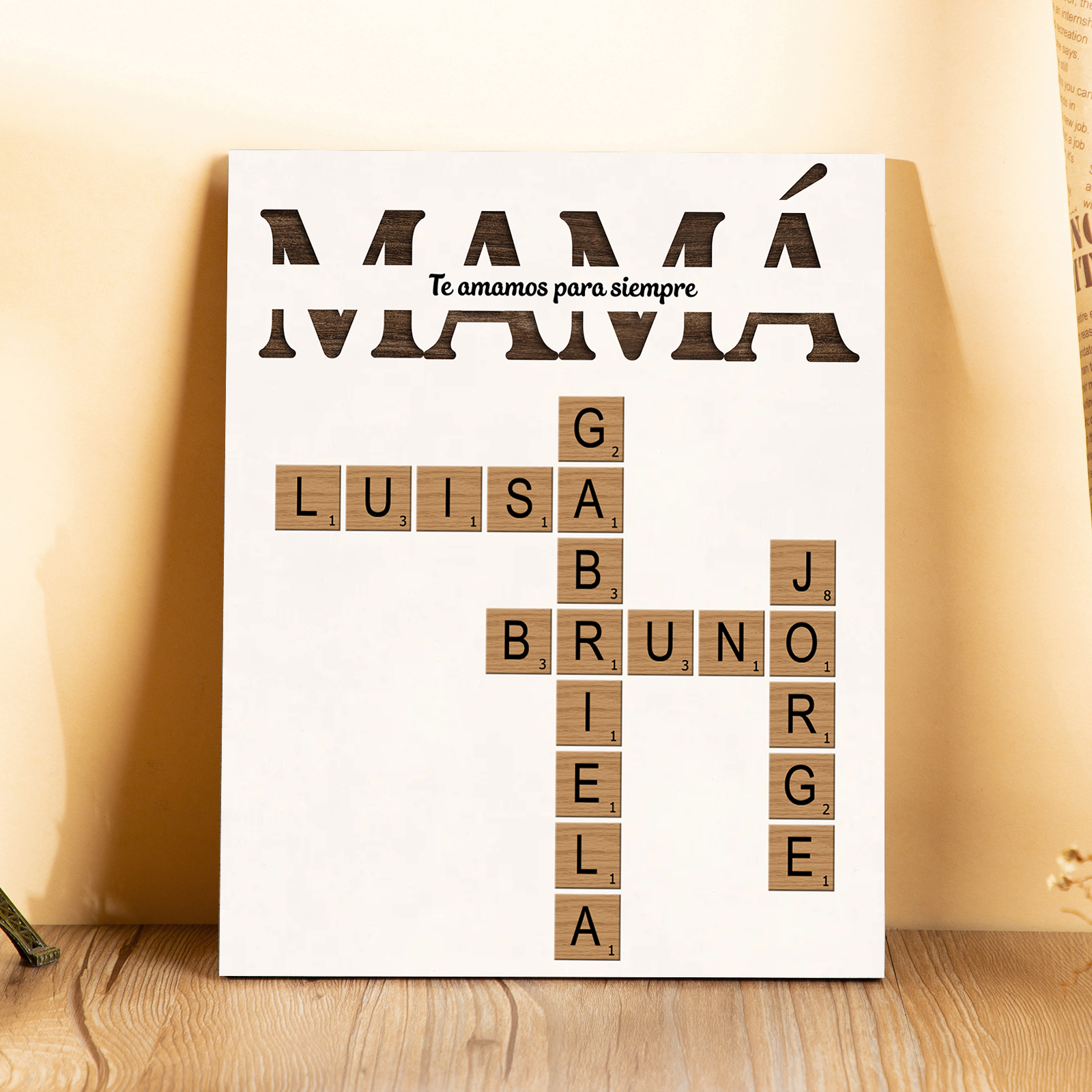 Lámina de Madera "A Mi Mamá" – Crucigrama Personalizado con 1-12 Nombres y 1 Texto | Jessemade ES
