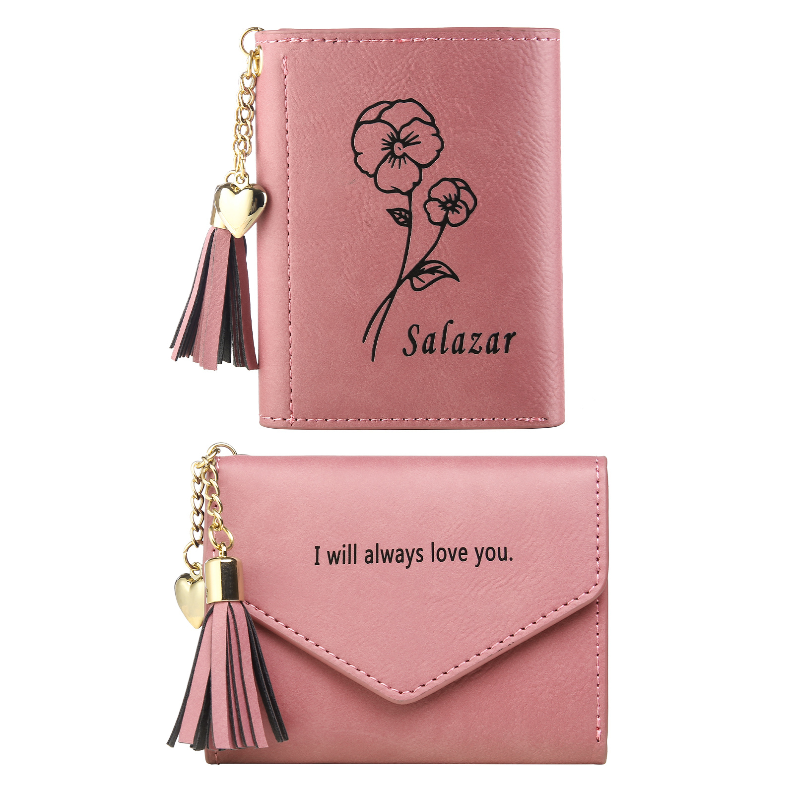 Cartera, billetera con 1 nombre, 1 flor de nacimiento y 1 texto personalizados monedero clásico para mujer-Jessemade ES