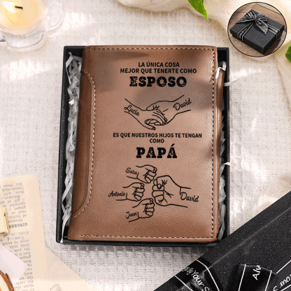 Cartera de cuero marrón personalizada para papá – Choque de puños