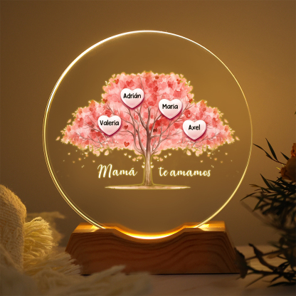 Luz nocturna de cristal LED personalizada con árbol genealógico en forma de corazón y de 1 a 7 nombres de familiares: regalo de Día de la Madre o cumpleaños para mamá o abuela de parte de hijos y nietos | Jessemade
