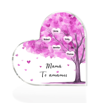 A mi mamá/abuela-Placa de acrílico "Árbol" en forma de corazón 5 nombres y 1 texto personalizados-Jessemade ES