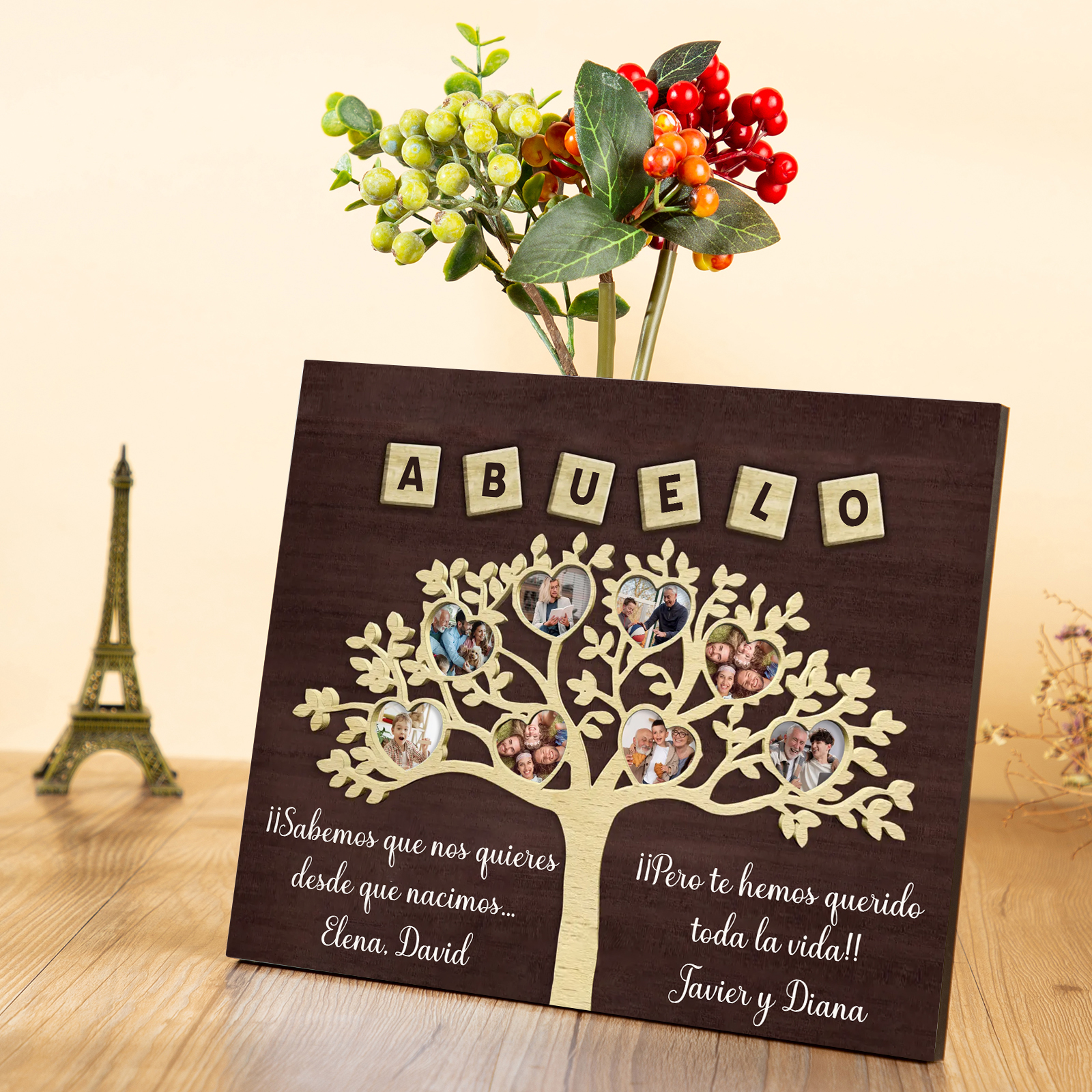 Feliz Día del Padre a mi abuelo-Lámina marco de madera 8 fotos y 2 textos personalizados con frase de amor-Jessemade ES