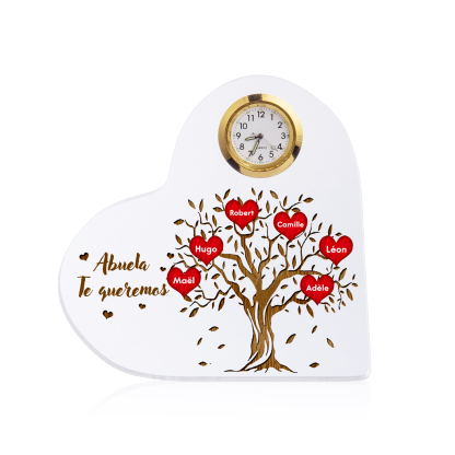 A mi abuela-Placa acrílica en forma acorazonada con un reloj 6 nombres personalizados