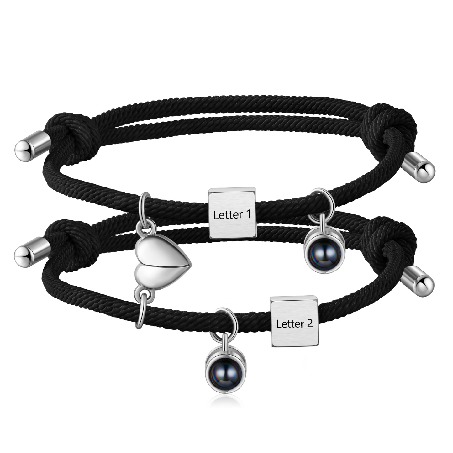 Pulsera de cuerda para pareja personalizada con 2 letras con proyección de foto y dije de corazón magnético-Jessemade ES