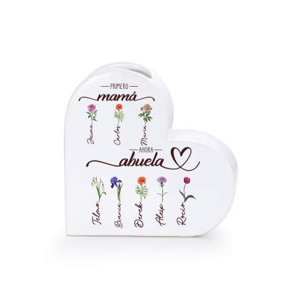 Jarrón de cerámica personalizado con forma de corazón «Primero mamá, ahora abuela», personalizado con 2–10 flores de nacimiento y nombres