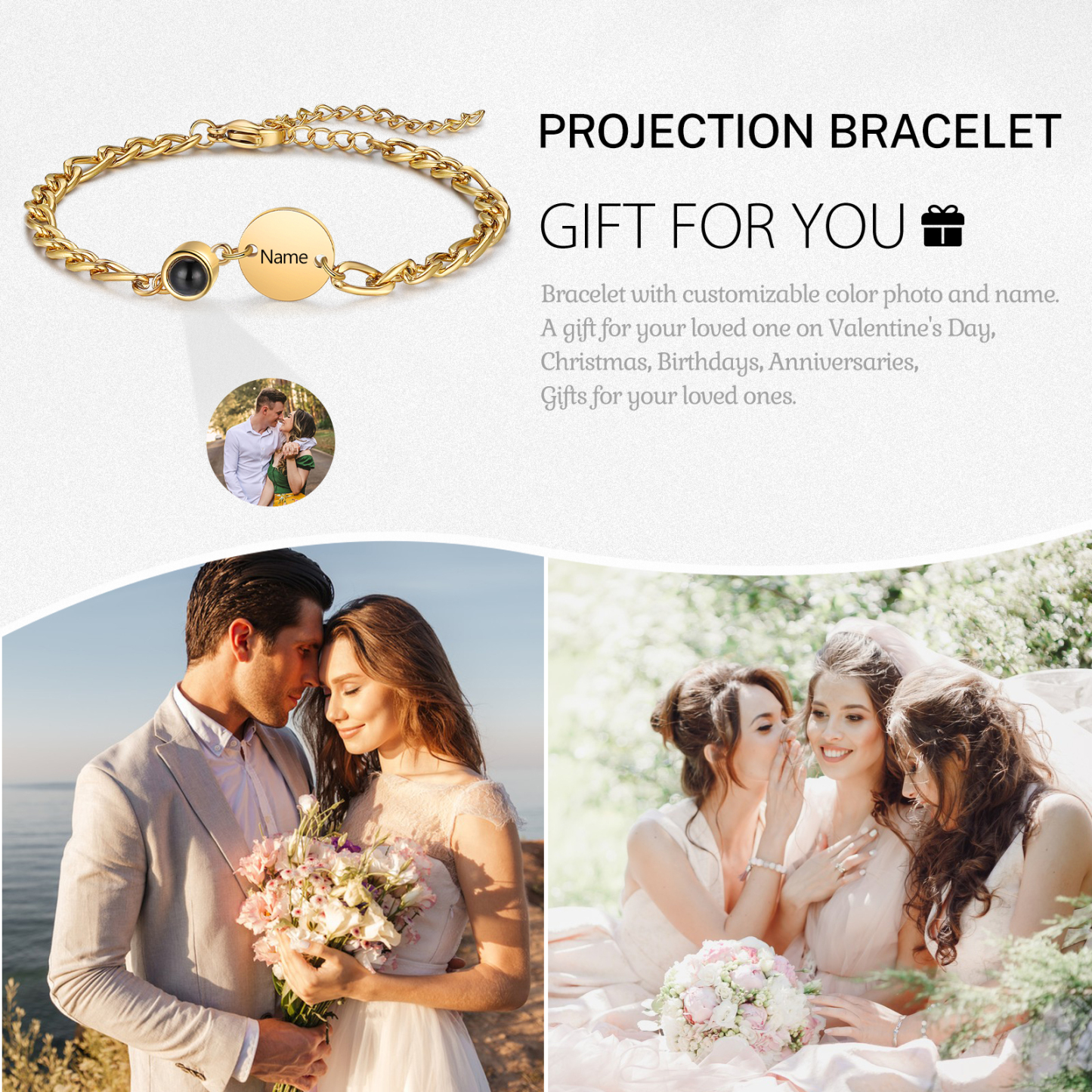 Pulsera con proyección de foto en color para mujer personalizada con 1 nombre Brazalete de proyección-Jessemade ES