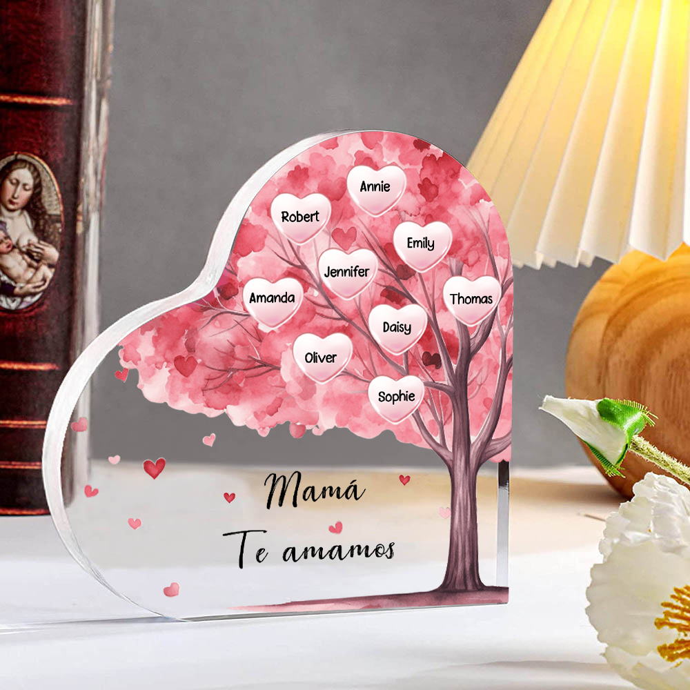 A mi mamá/abuela-Placa de acrílico "Árbol" en forma de corazón 9 nombres y 1 texto personalizados-Jessemade ES