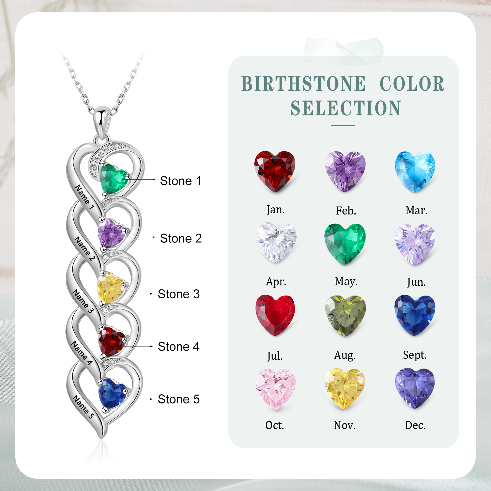 Collar de cinco corazones con 5 nombres y piedras de nacimiento personalizados-Jessemade ES