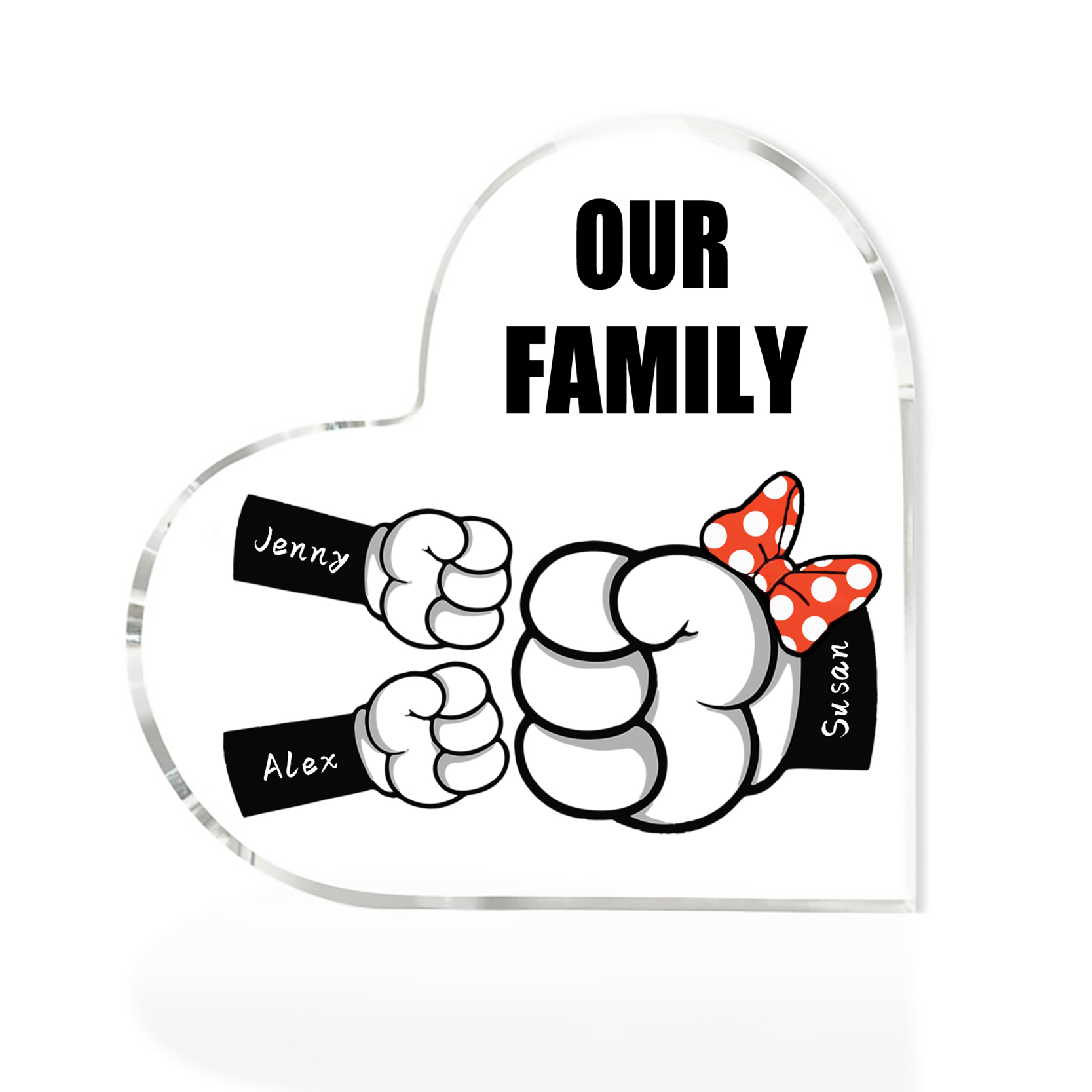 A mi mamá/abuela-Placa de acrílico "Puños" en forma de corazón 3 nombres y 1 texto personalizados-Jessemade ES