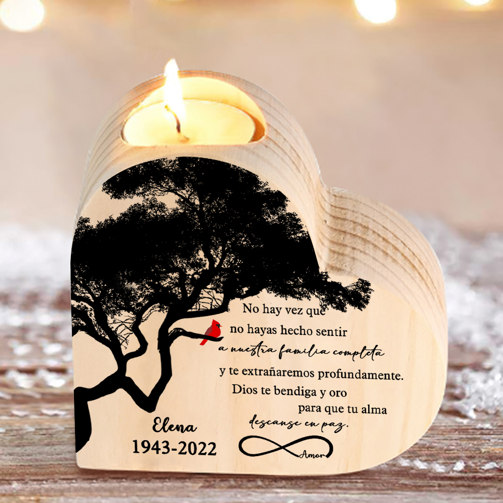 Navidad en el paraíso-Candelero de corazón en memoria de ser querido personalizado con nombre y años de madera sin vela-Jessemade ES