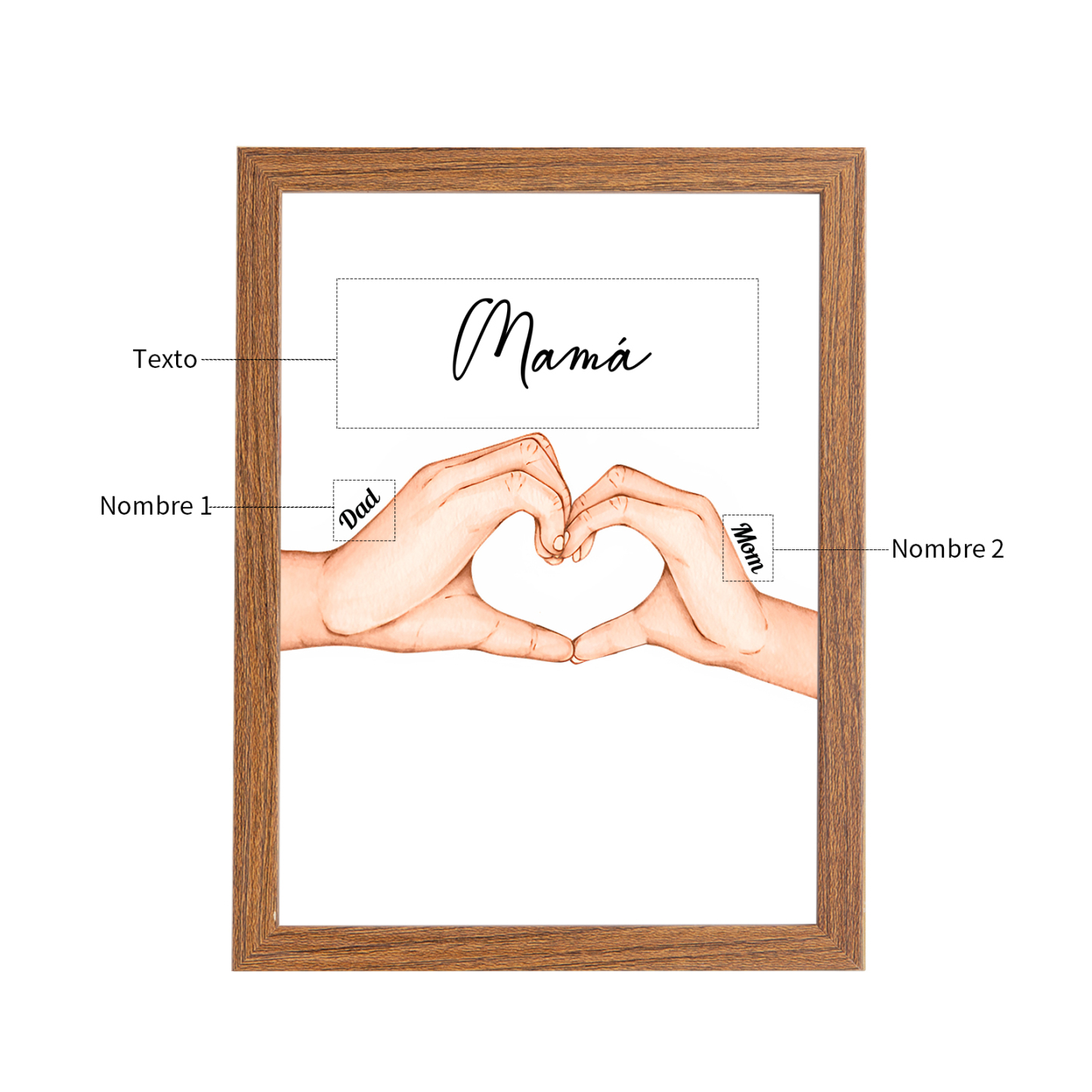 A la familia-Marco con luces de madera mano a mano 2 nombres personalizados con texto-Jessemade ES