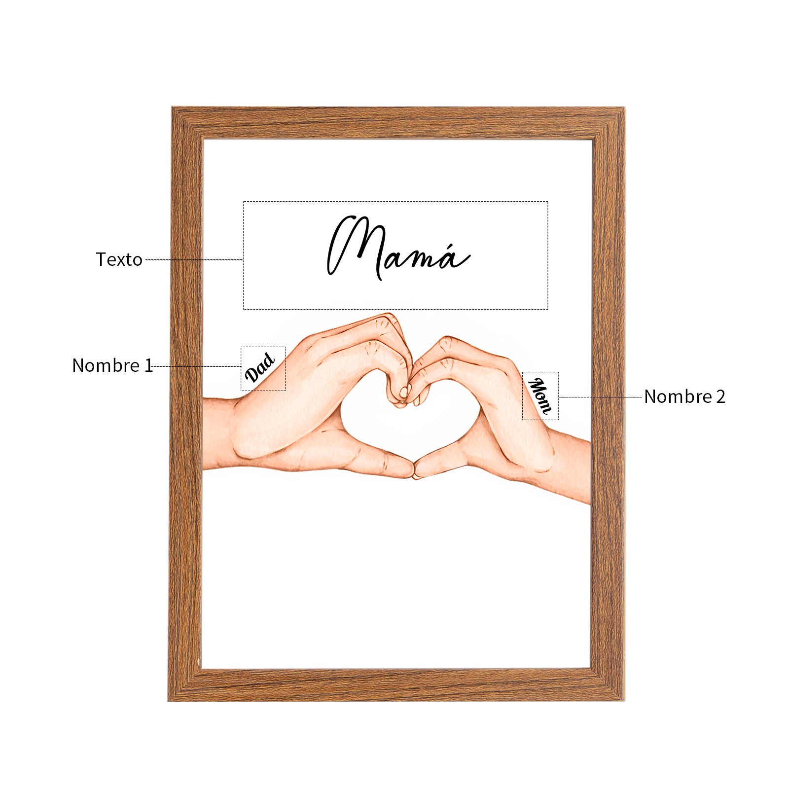 A la familia-Marco con luces de madera mano a mano 2 nombres personalizados con texto-Jessemade ES