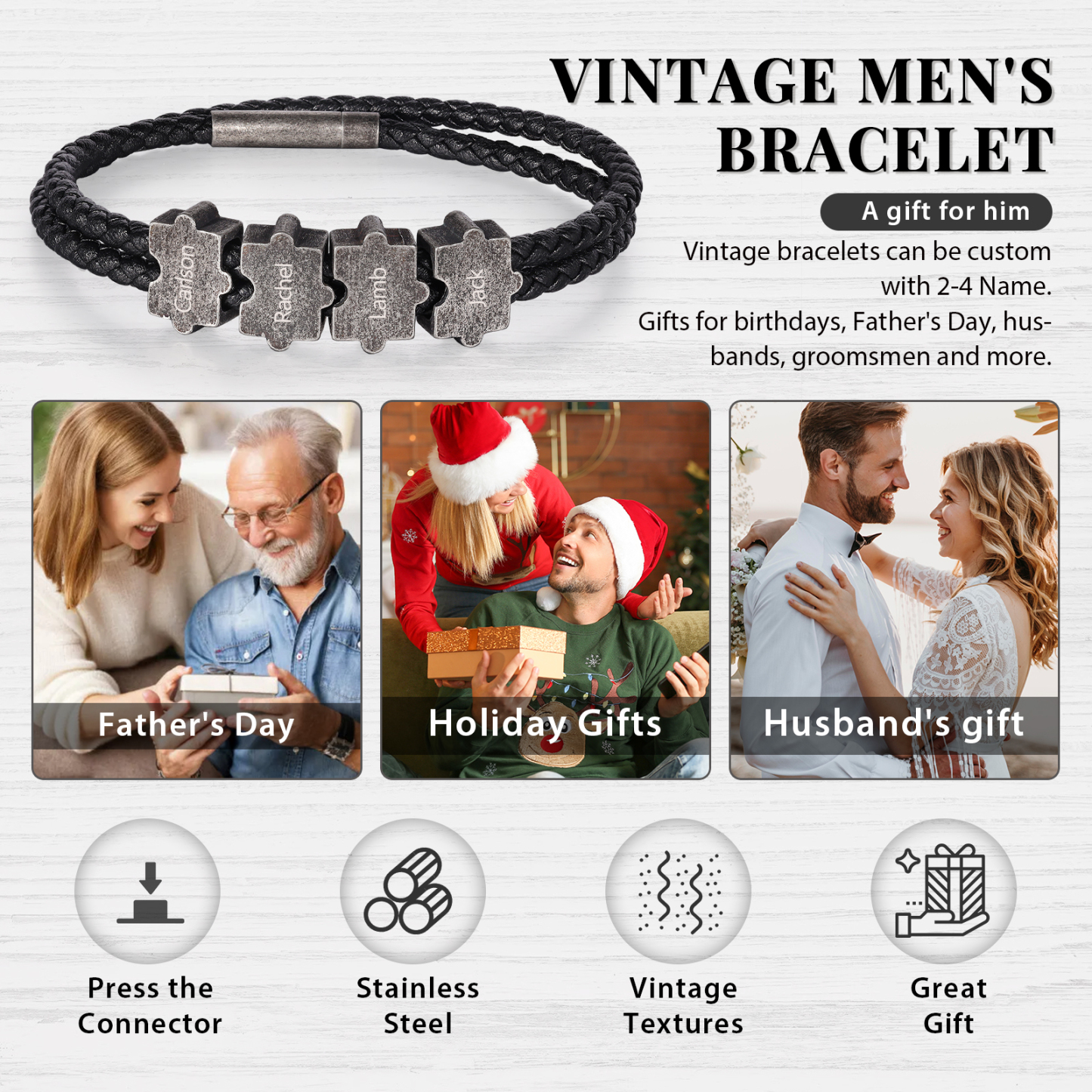 2-4 Nombres Personalizados Pulsera de Cuerda Aros de Rompecabezas de Acero Inoxidable-Jessemade ES