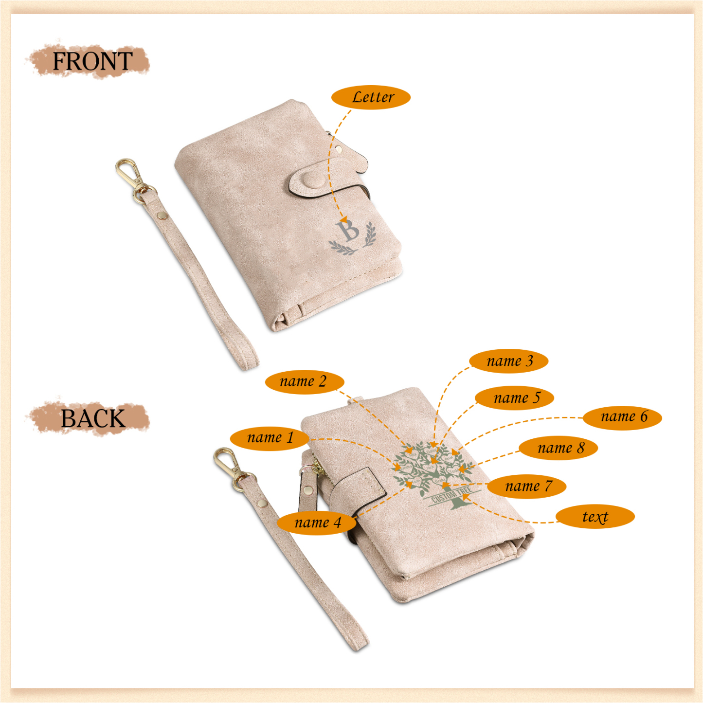 Cartera, billetera con 3-8 nombres, 1 letra y 1 texto personalizados árbol de la vida monedero clásico para mujer-Jessemade ES