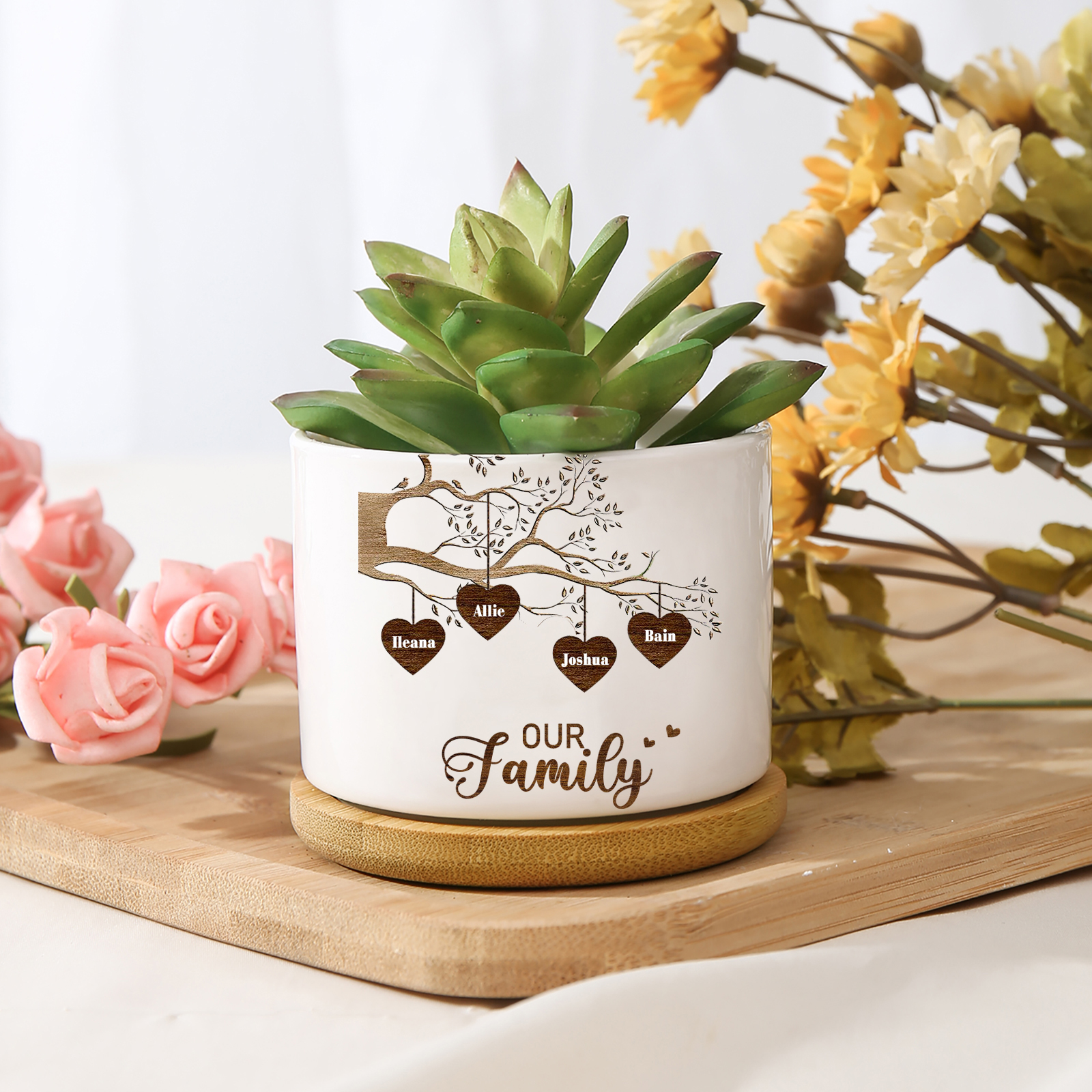 Florero con base de cerámica árbol de corazones 2-8 nombres personalizados con texto decoración del hogar-Jessemade ES