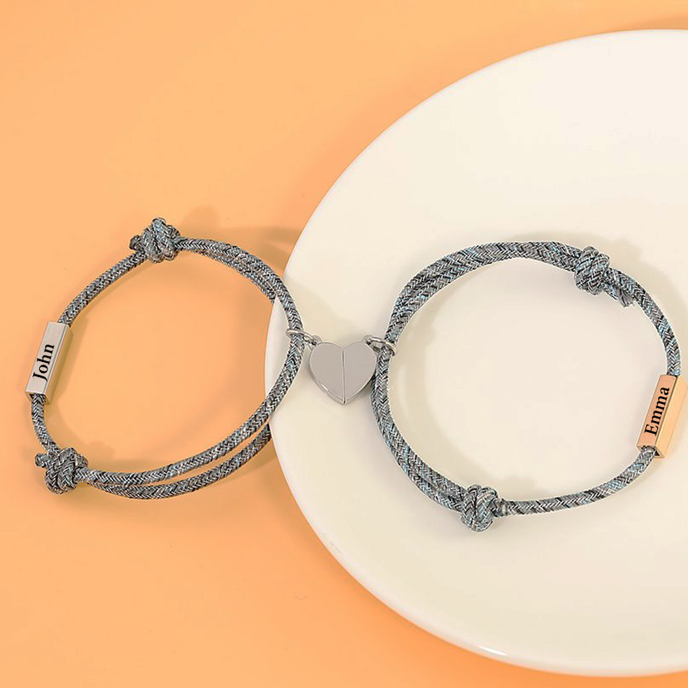 Pulsera de dos piezas de cuerda 2 nombres personalizados para pareja con dije magnético