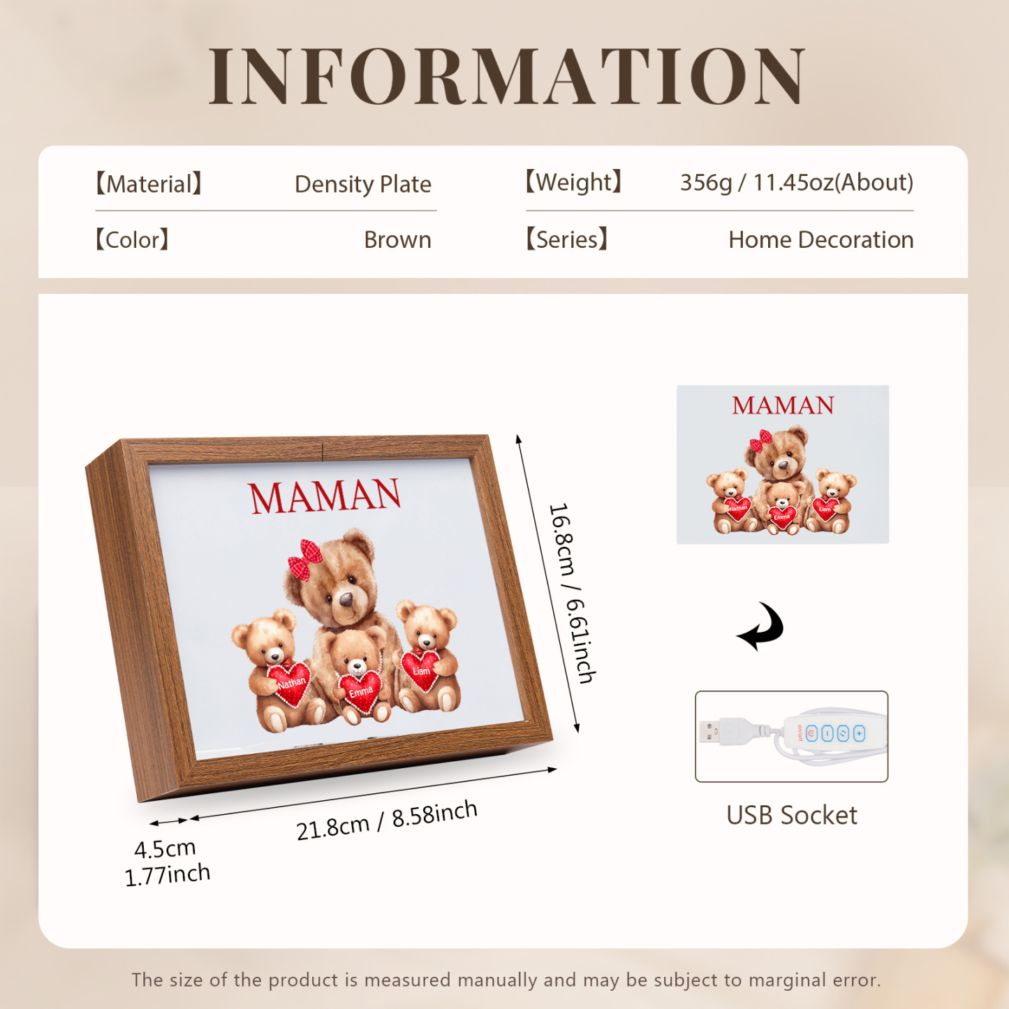 Marco con LED Familia de Osos 1-4 Nombres Personalizados con 1 Texto-Jessemade ES