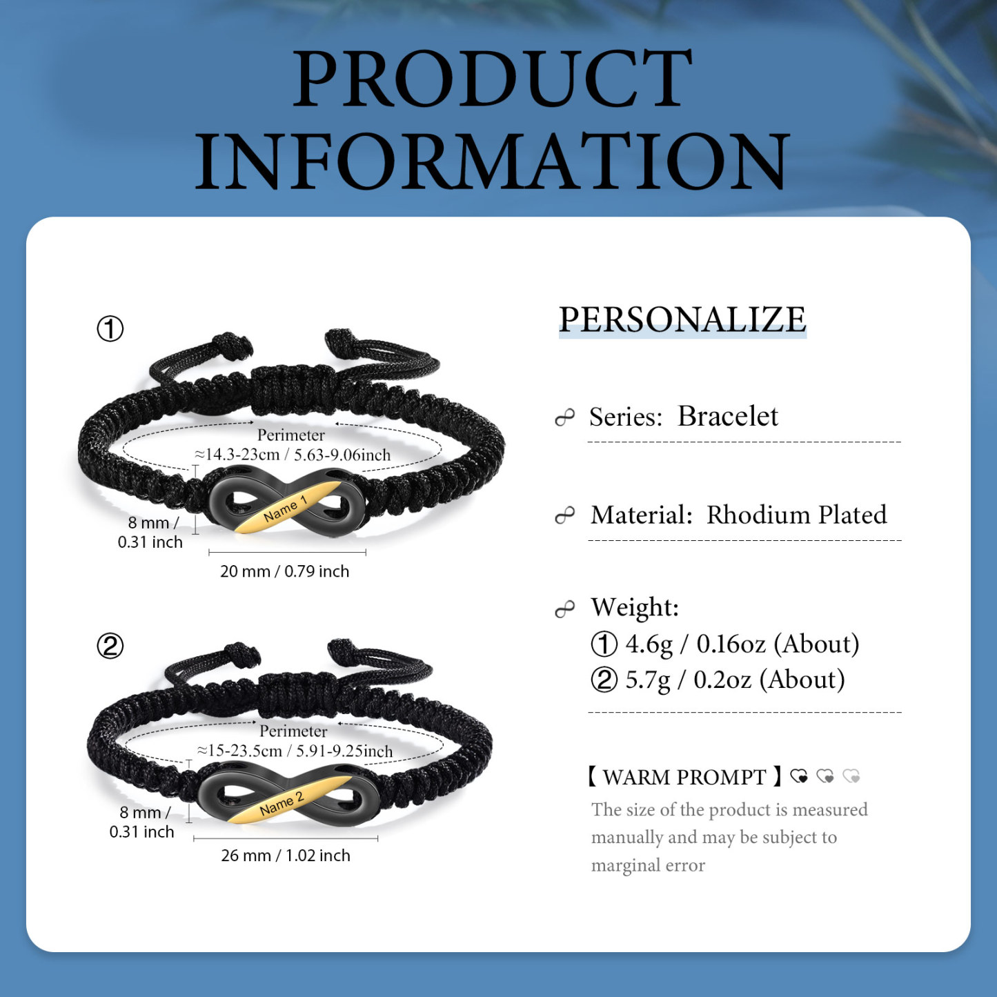 Pulseras de cuerda para pareja con dije de infinito nombre personalizado-Jessemade ES