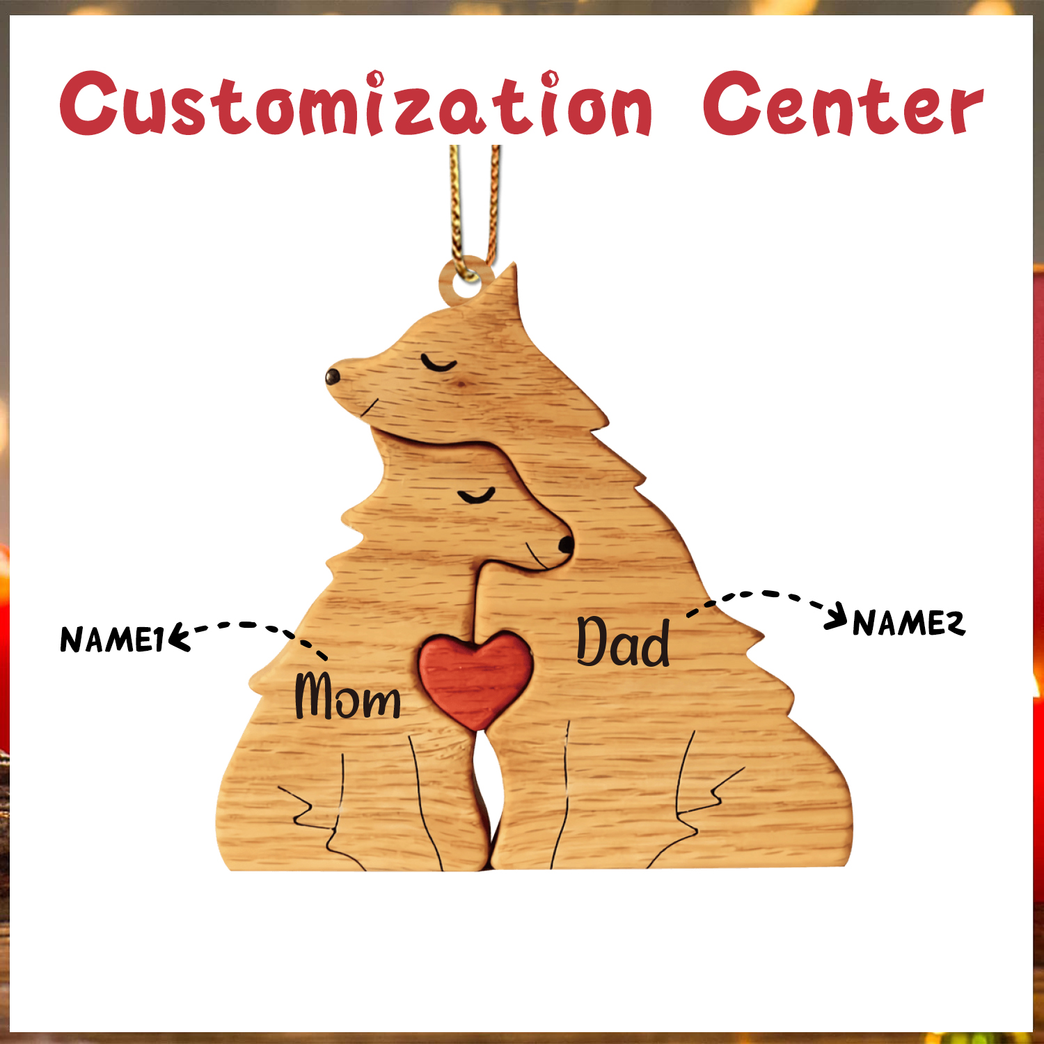 Navidad-Ornamento muñecos navideño de madera familia de zorros 2 nombres personalizados adorno del árbol-Jessemade ES