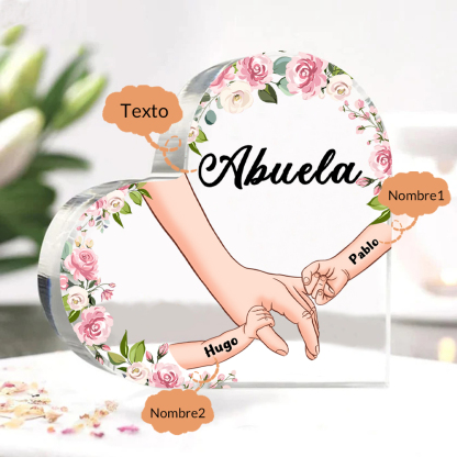 A mi mamá/abuela-Placa de acrílico en forma de corazón mano a mano con 1 texto y 2 nombres personalizados | Jessemade