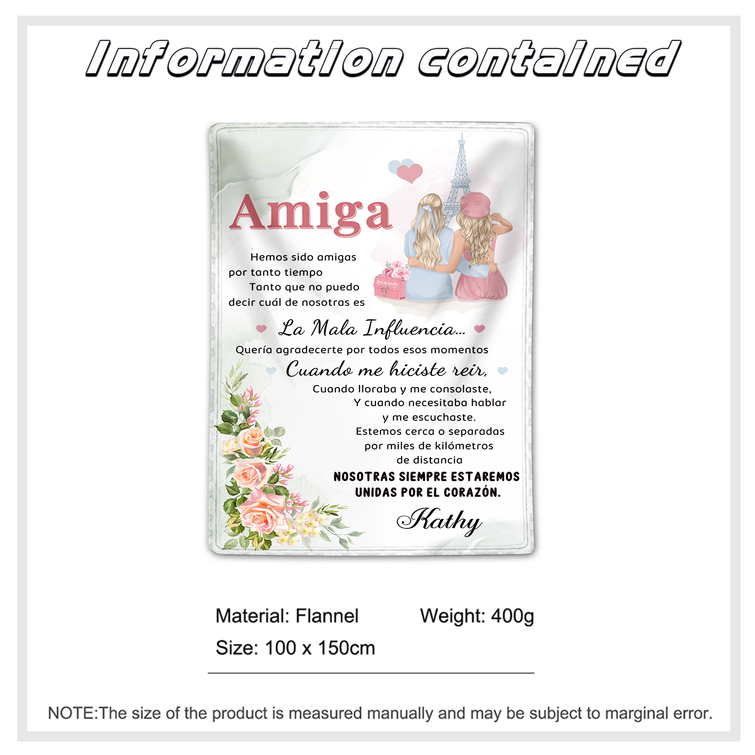 A mi amiga-Manta de buen calidad con frase amoroso y personalizada con 1 nombre-Jessemade ES