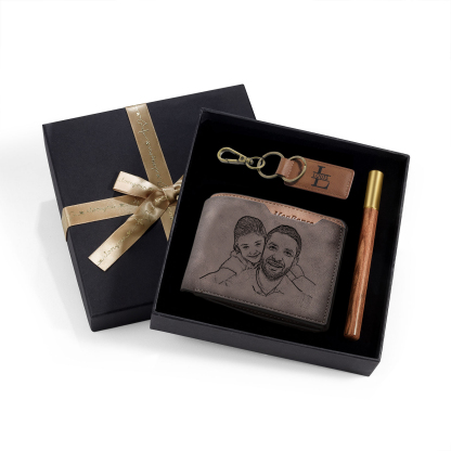 Kit de regalo-Llavero, cartera y bolígrafo con 1 nombre, letra y texto personalizados con foto para hombre-Jessemade ES