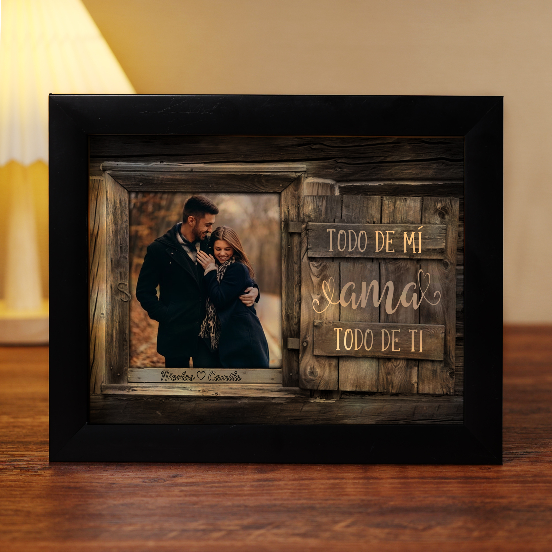 Marco de 1 foto de plástico para pareja 2 nombres personalizados con lámpara-Jessemade ES