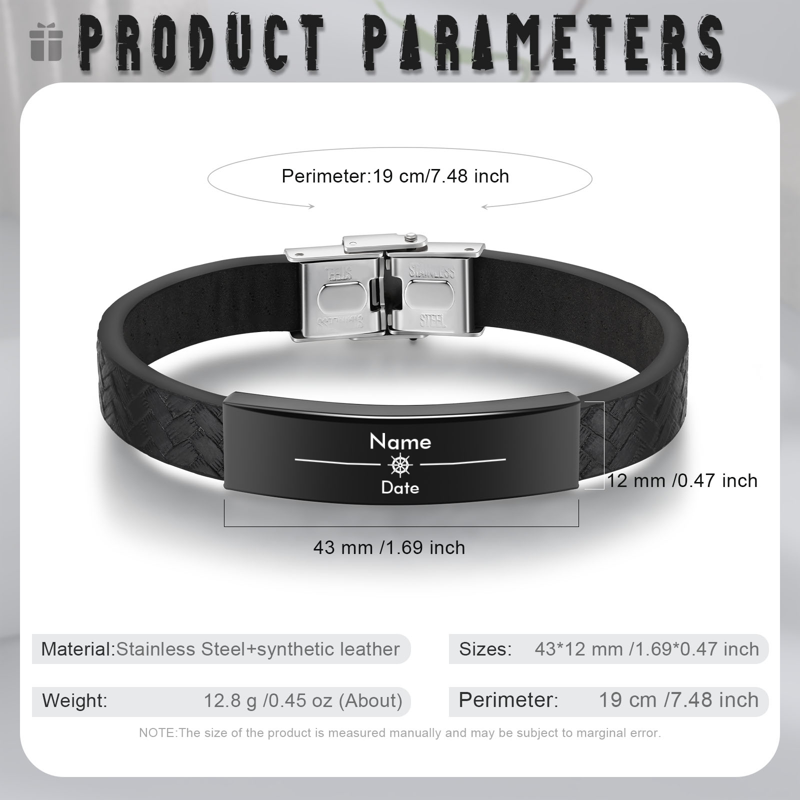 Pulsera de Cuero con Placa de Nombre y Fecha Personalizados -Jessemade ES