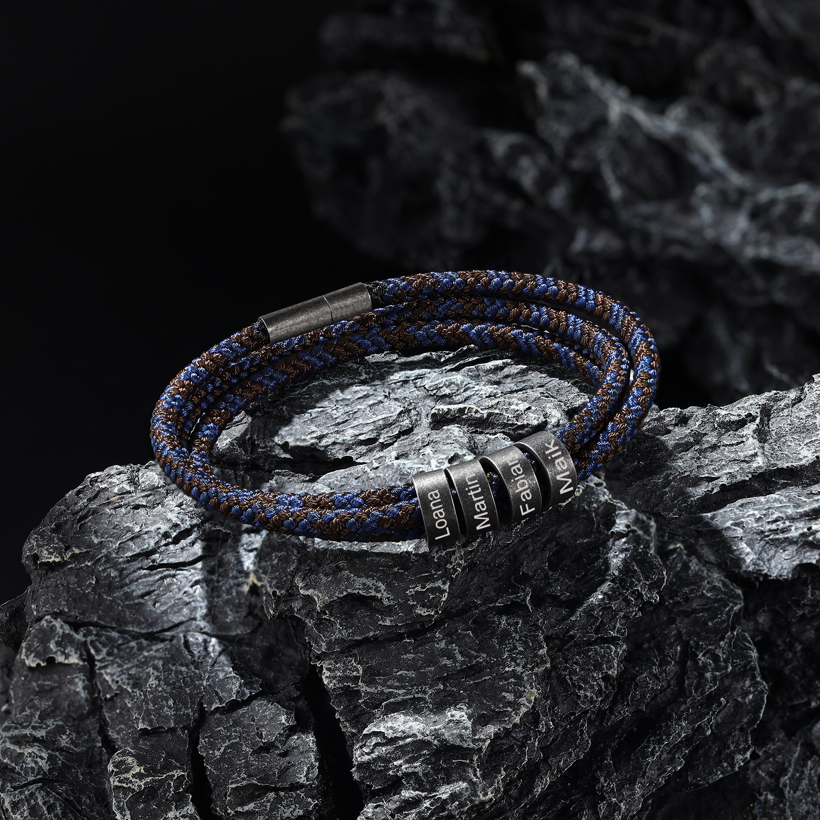 Pulsera de triple cuerda azul y marrón con 4 aros 4 nombres personalizados pulsera de hombre -Jessemade ES
