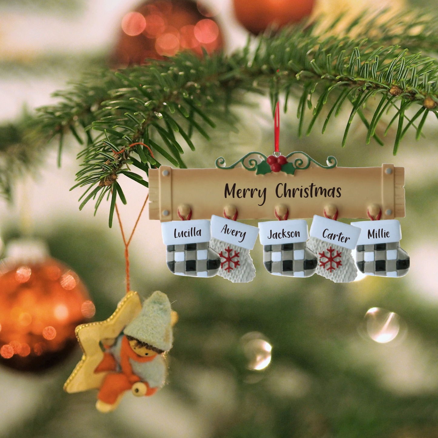 Navidad-Ornamento muñecos navideño de madera calcetines 5 nombres y 1 texto personalizados adorno del árbol-Jessemade ES