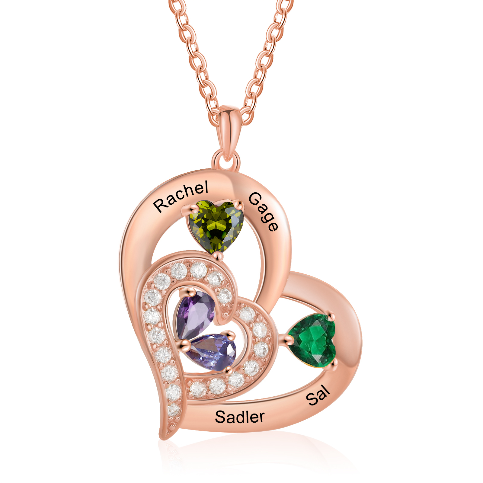 Collar corazón con 1-6 nombres personalizados y 1-6 piedras de nacimiento-Jessemade ES