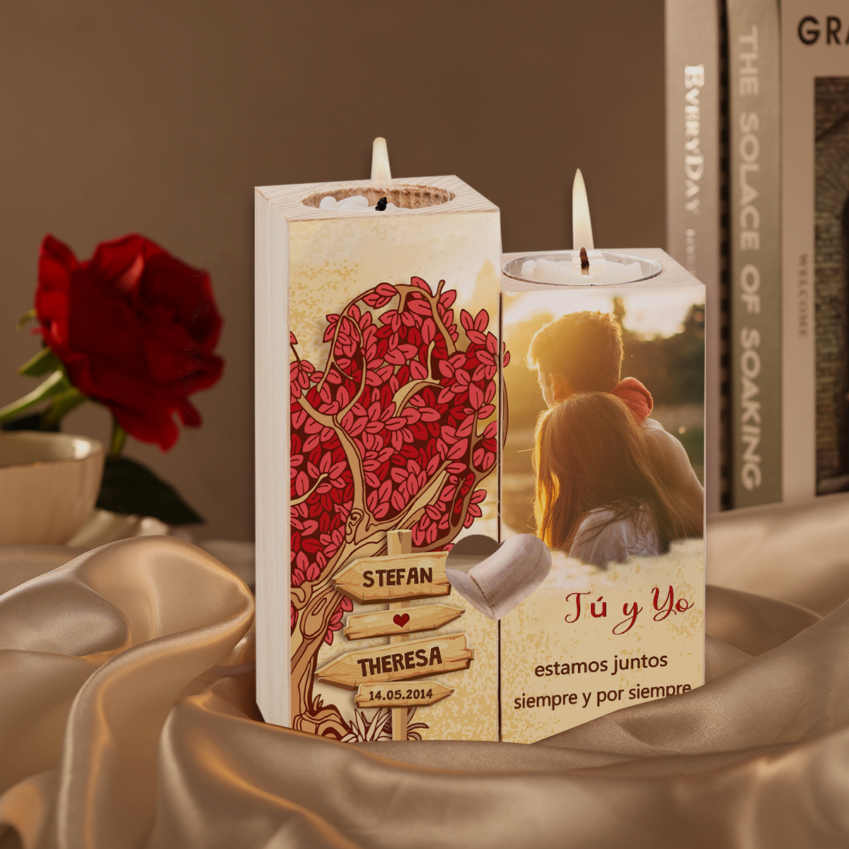 Candelero para pareja de madera de dos piezas sin candela con 2 nombres, fecha y foto personalizados-Jessemade ES