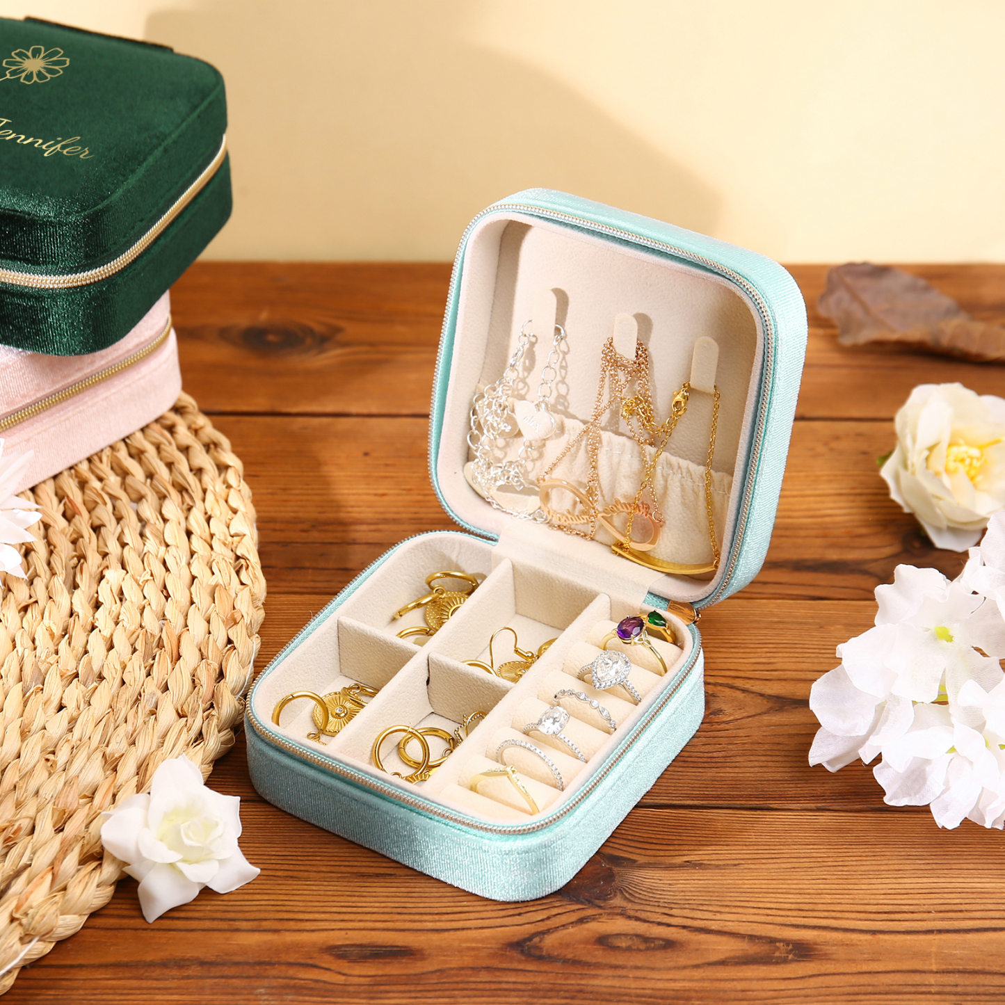 Caja de regalo para joya personalizada con nombre y flor de nacimiento-Jessemade ES