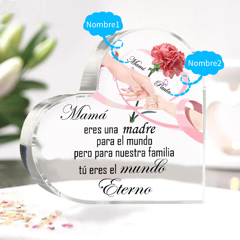 A mi mamá-Placa de acrílico en forma de corazón manos cogidas y frases amorosos 2 nombres personalizados-Jessemade ES