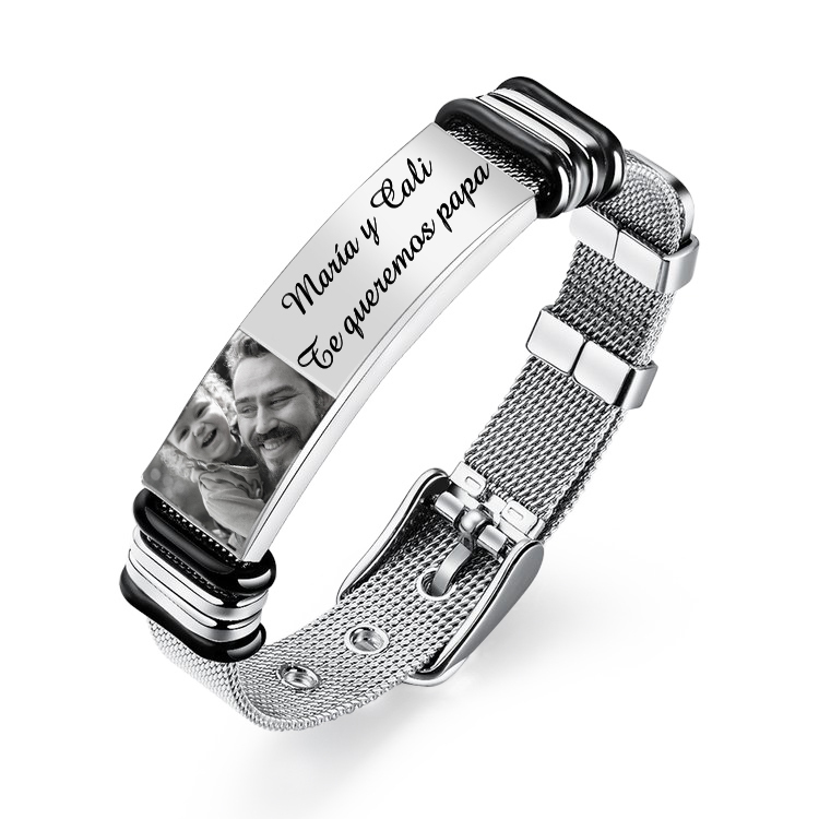 A mi papá-Pulsera de cadena personalizada con 2 textos y 1 foto-Jessemade ES