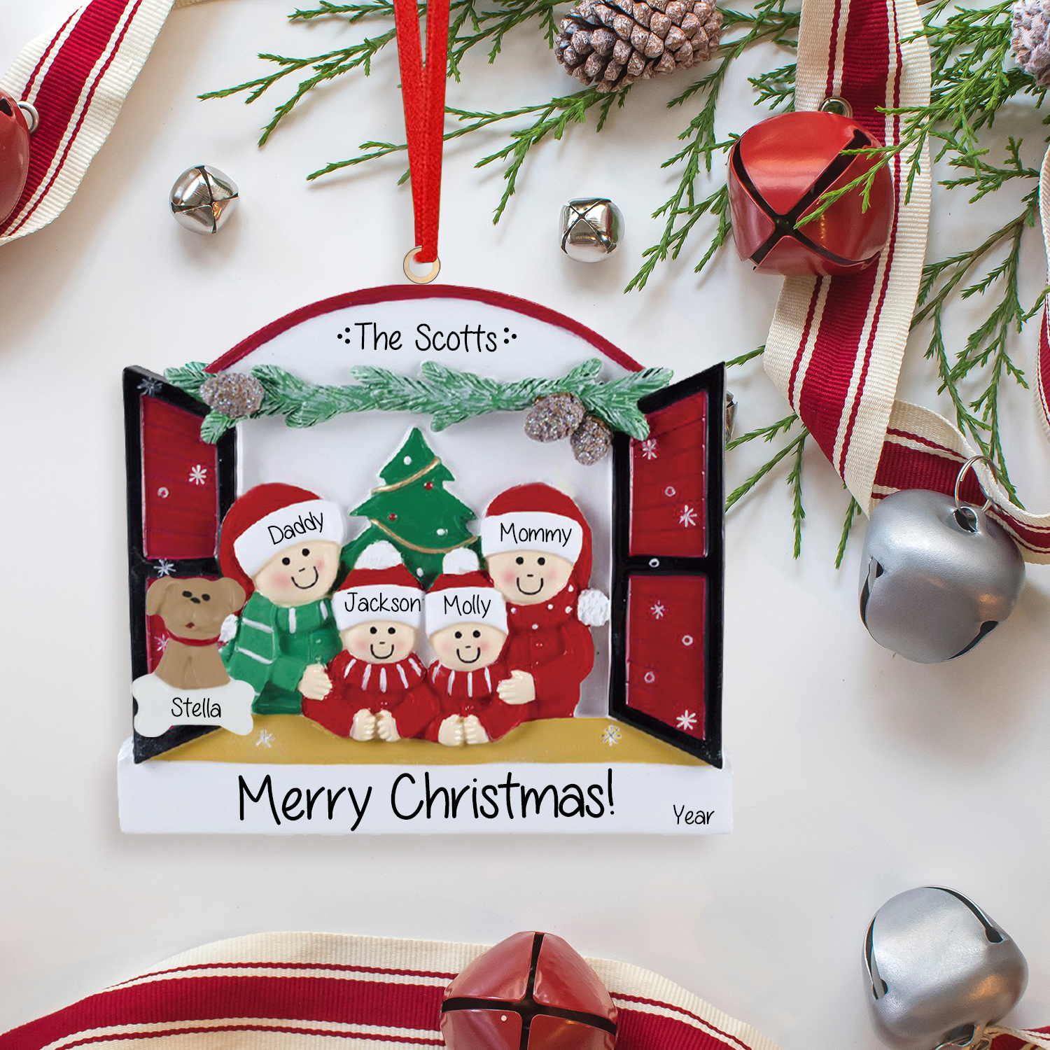 Navidad-Ornamentos Navideños de Madera Familia de 2-4 con Perro 3-5 Nombres Personalizados con 2 Textos y Año-Jessemade ES