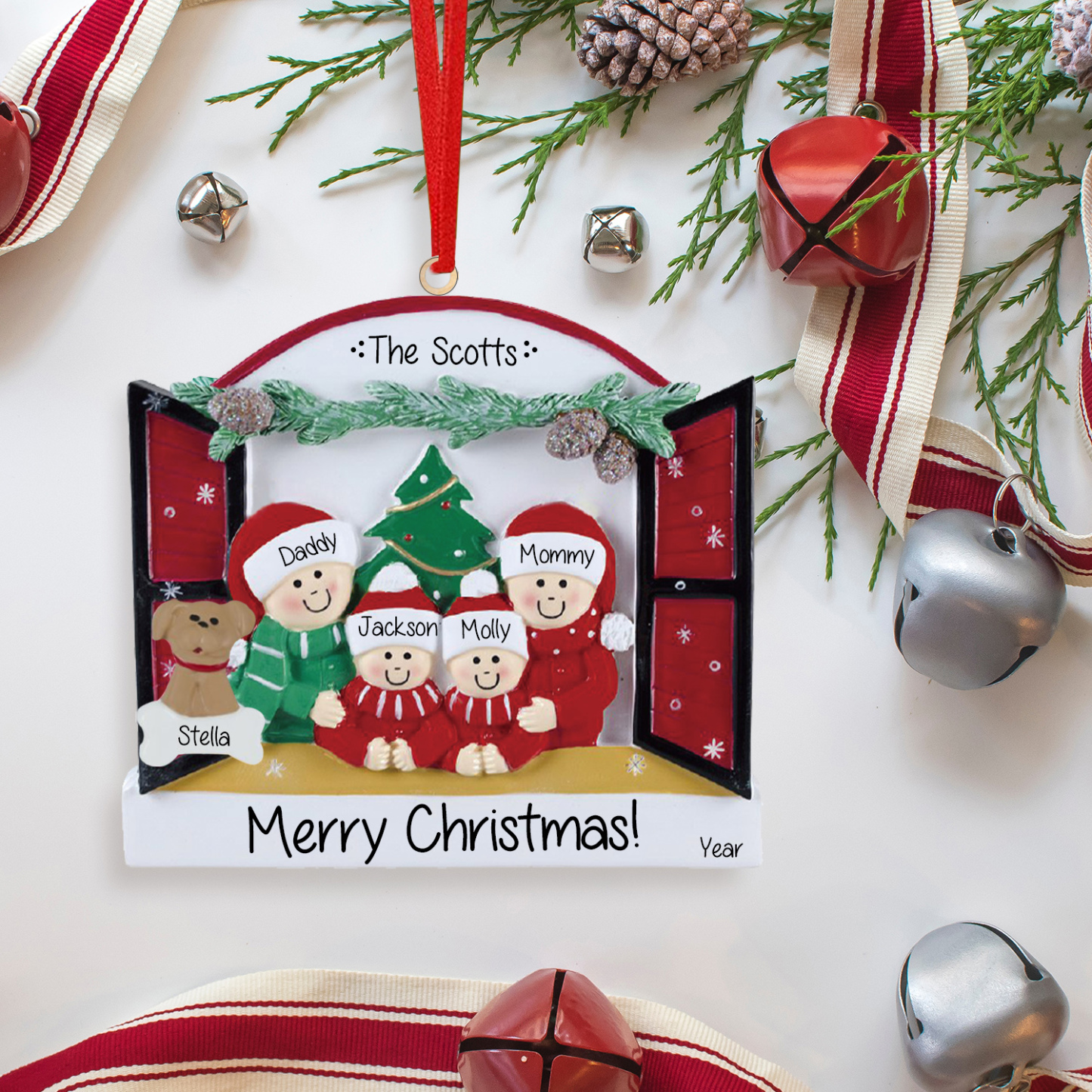 Navidad-Ornamentos Navideños de Madera Familia de 2-4 con Perro 3-5 Nombres Personalizados con 2 Textos y Año-Jessemade ES