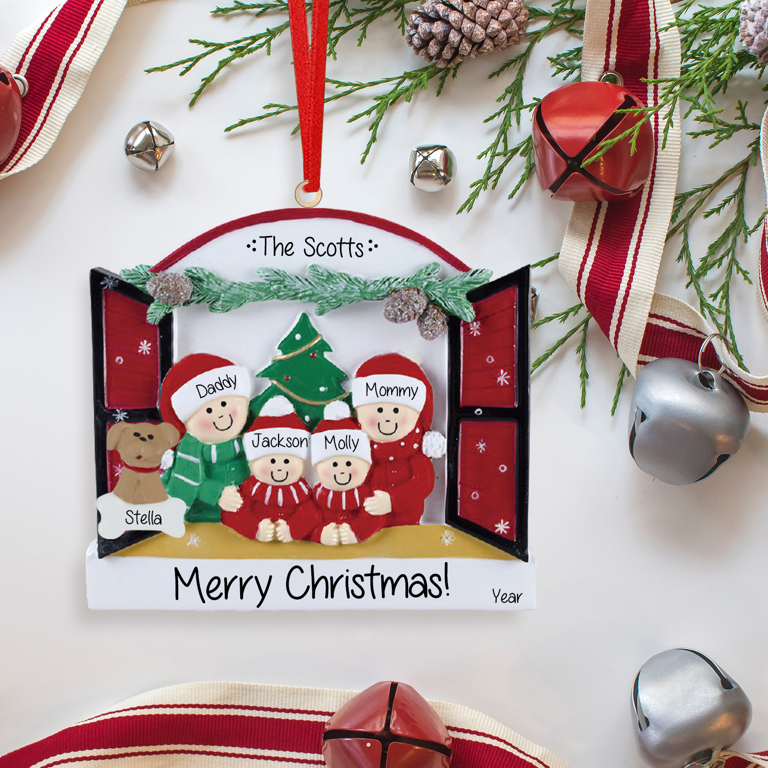 Navidad-Ornamentos Navideños de Madera Familia de 2-4 con Perro 3-5 Nombres Personalizados con 2 Textos y Año-Jessemade ES