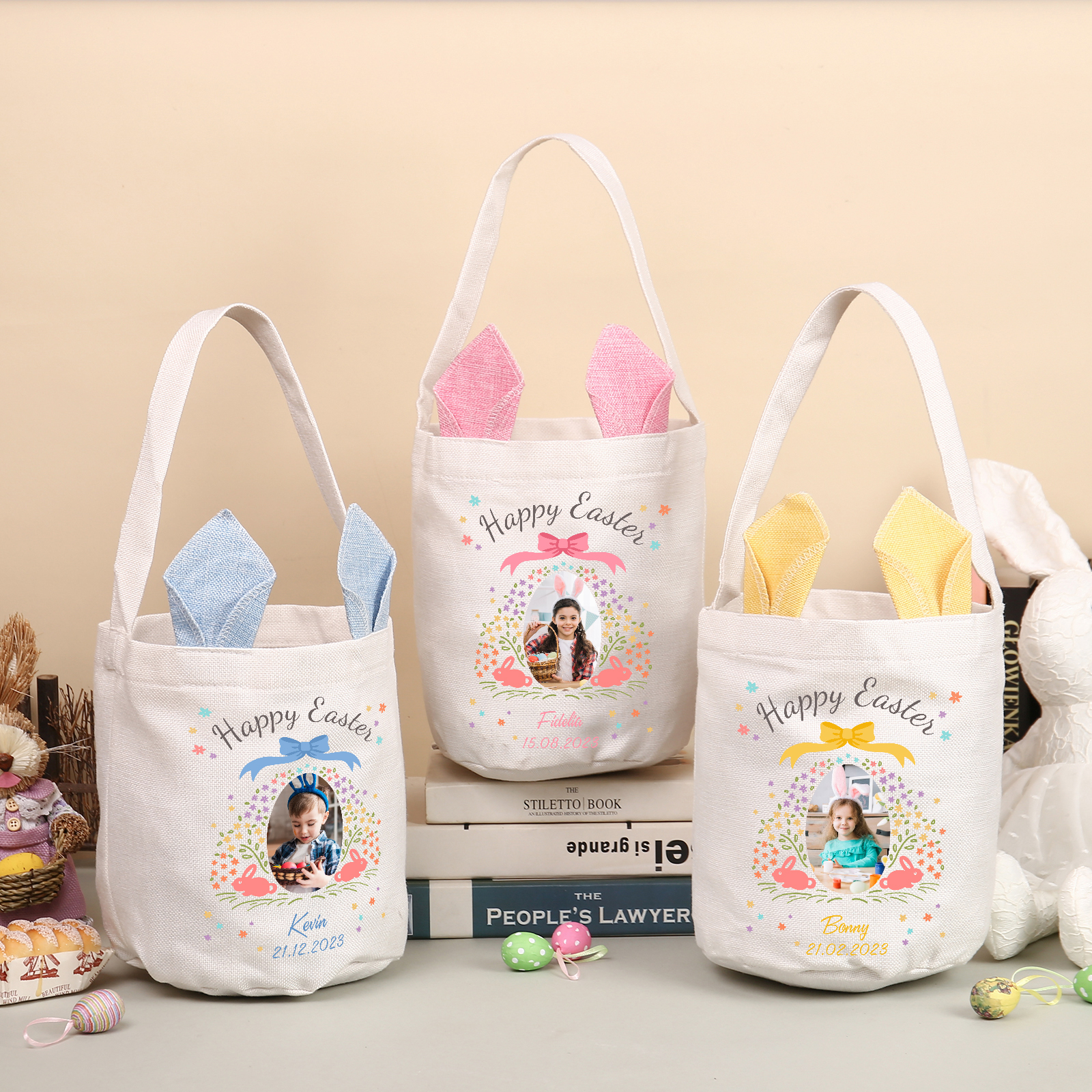 Pascua-Bolsa de conejo con 1 nombre, 1 texto, 1 fecha y 1 foto personalizados-Jessemade ES